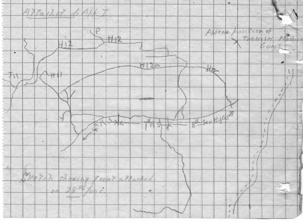 Sketch map showing the area attacked by 156th Brigade on 28th June. 