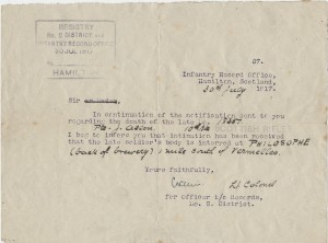 Letter relating to burial of Private Jack Allen